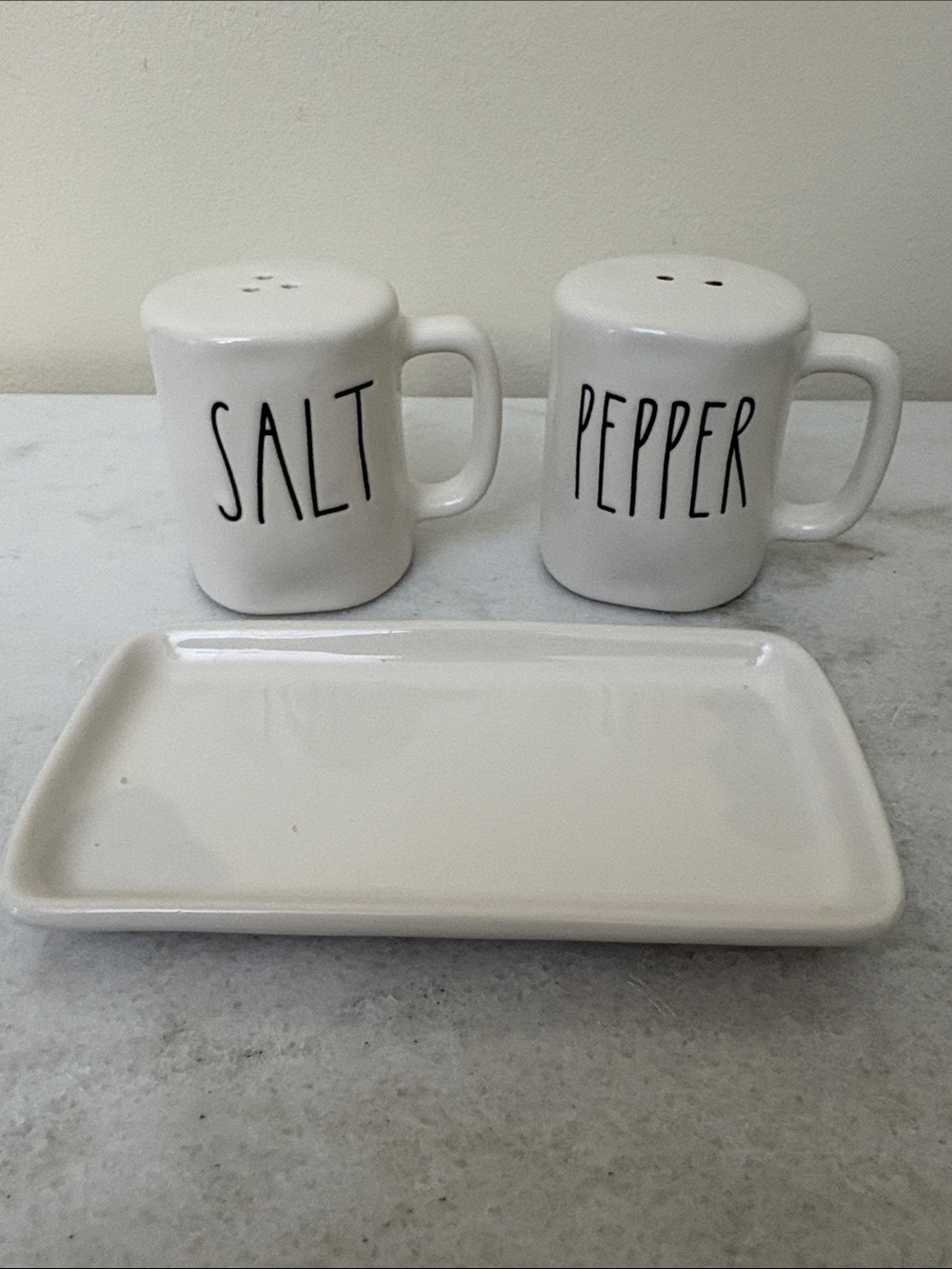Rae Dunn Cream Ceramic Salt & Pepper Mug Shakers with Tray